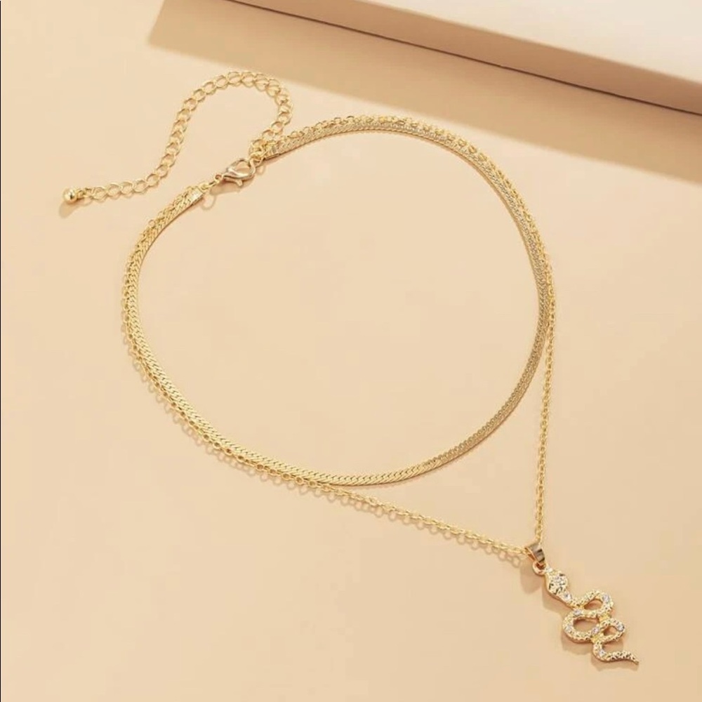 Rhinestone Snake Layered Chain Necklace - Picture 2 of 5